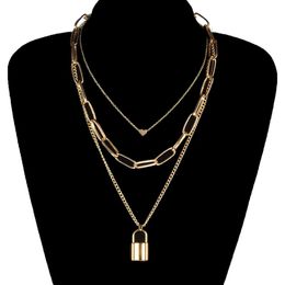 Creative Geometric Chain Heart Lock Necklace Pendant Gold Punk Multilayer Clavicle Necklaces for Women Fashion Neck Jewelry