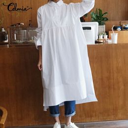 Casual Dresses Autumn Women Solid Shirts Celmia 2021 Loose Stand Collar Lapel Irregular Hem Dress Plus Size Vestidos Robe Mujer