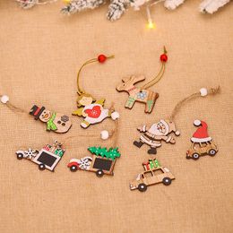 Christmas decorations Pendant Santa Claus combination pendant wooden car Xmas tree wooden Cartoon pendant T9I00551