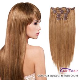 #12 Light Golden Brown Clip In Extensions Thick 100% Real Human Hair Silky Straight Brazilian Remy Weave Clip Ins Healthy Tips 70g 100g Set