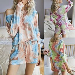 Autumn women's Clothing Suit Jacket + Shorts Tie Dye O Neck Long Sleeved T Shirt With Buttoned Shorts Fashion 2 Sets Y0506