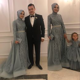 Aso Ebi Arabic Muslim Gray Evening Embroidery Lace Crystal Beaded Long Sleeves High Neck Prom Dresses Overskirts Formal Party Gowns