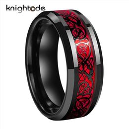 8mm Men's Black Celtic Dragon Ring Tungsten Carbide Rings Red Carbon Fibre Wedding Bands Fashion Couple Jewellery Ring Comfort Fit