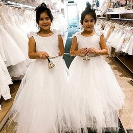 Beach Princess Jewel Lace Appliqued Flower Girl Dresses Court Train Kids Flower Girls Pageant Gowns