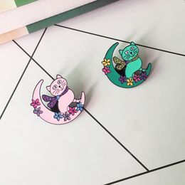 Hot selling cute cartoon creative pink & green beautiful cat on the moon pin badge brooch
