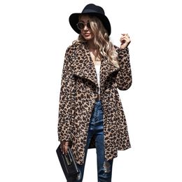 Women Outerwear Warm Coats Long Sleeve Parka Faux Fur Coat Overcoat Leopard Fluffy Top Long Jacket