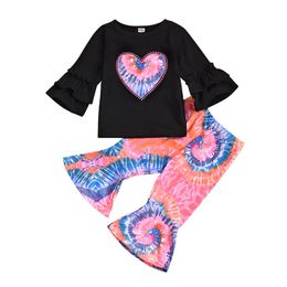 Kids Clothes Baby Girls Tie Dye Clothing Sets Toddler Long Sleeve Heart Top + Flare Pants 2Pcs/Sets Children Outfits M2690