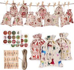 Christmas Advent Calendar Linen Small Bags Christmas linen gift bag set 24 Days Burlap Hanging Advent Calendars Garland Drawstring Gifts Bag