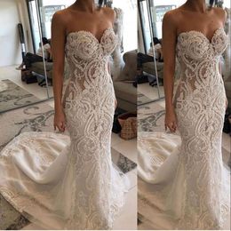 Luxurious New Sexy Aso Ebi Mermaid Wedding Dresses Sweetheart Sleeveless Lace Appliques Crystal Beading Long Illusion Formal Bridal Gowns