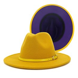 Yellow Blue Patchwork Wool Felt Fedora Hats with Yellow Leather Band Vintage Fashion Men Women Jazz Cap Panama Hat