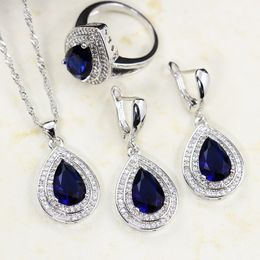 Bague Ringen Water Drop Shaped Sapphire Silver 925 Jewelry Sets for Women Blue Gemstones Ring Earrings Necklace Bracelet Wedding MX200810