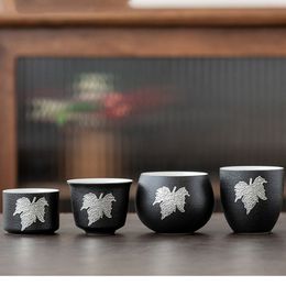 Black Zen Tea Cup Boutique Handmade Inlaid Tin Leaf Coarse Pottery Teacup Teaware Tea Master cup Bowl