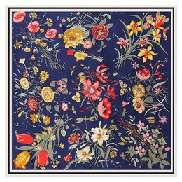 Scarves New Twill Silk Scarf Women Fashion Large Hijab Wild Chrysanthemum Printing Square Scarves Shawls Wraps Female Foulard Bandana 130cm*130cm YPMO