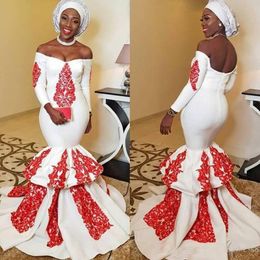 and White 2021 African Red Dresses Elegant Off the Shoulder Long Sleeves Lace Applique Tiered Skirt Custom Made Wedding Gown