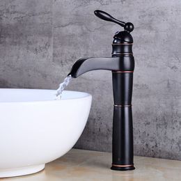 Brass Basin Faucet+Pipe hot and cold Waterfall Faucet single lever black/Antique Bronze Lavatory Tap Torneiras de Pia Sink Mixer