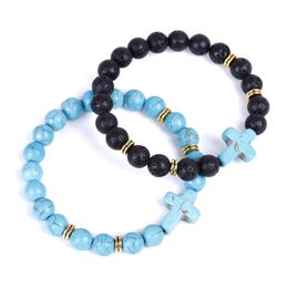 Cross Charms Lava Beads strand Bracelets Classic 8MM Turquoise Stone Elastic Friendship Bracelet Beach For Women Men Jewellery