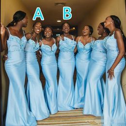 Baby Blue Satin Mermaid Bridesmaid Dresses Spaghetti Straps Lace Appliqued Maid Of Honour Gowns Plus Size Prom Dress