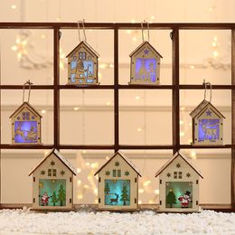 LED Light Christmas Wooden House Ornament S M L Santa Snowman Design Wooden Hanging Cabin Christmas DIY Ornament