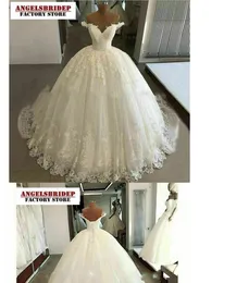 Angelsbridep V-Neck Tulle Ball Gown Wedding Dress Off-Shoulder Dubai African Robe De Mariee Charming Appliques Vestido Novia