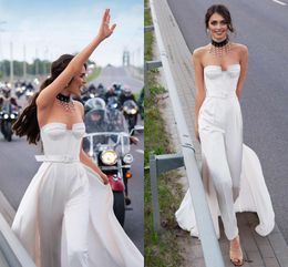 Elegant Outdoor Jumpsuit Wedding Dresses With Detachable Train 2021 Simple Satin Sweetheart Strapless Country Bridal Gowns Vestido De Novia