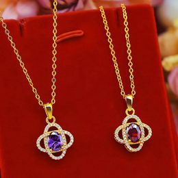 Oval Cut Shiny Zirconia Red/Purple Stone 18k Yellow Gold Filled Charm Womens Pendant Chain Necklace Present