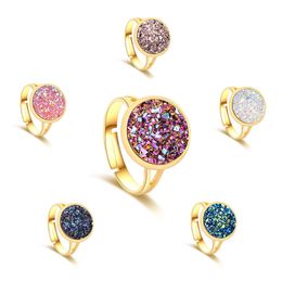 stone rings for ladies UK - Fashion Jewelry Luxury Silver Gold Druzy Ring with Side Stones 12mm Bling Round Resin stone Adjustable Rings For women Ladies Jewellry