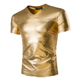 Moda Uomo Casual Top T-Shirt Manica corta Scollo a V Slim Fit Camicie brillanti Top Camicia Wet Look Tee Stretch Shirt Metallic Shiny