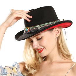 Unisex Men Women Black Red Patchwork Cowboy Felt Hat Wide Brim Panama Jazz Fedora Hats with National Style Ribbon