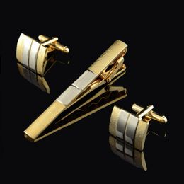 Gold Tie Clip and Cufflink Set For Men Classic Meter Tie Clips Cufflinks Sets Copper Bar Golden Collar Pin Jewelry13101