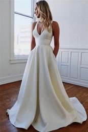 New Design Summer A Line Wedding Dresses 2021 Bow Back Design V Neck Bridal Party Dress Long Chiffon Boho Beach Wedding Gowns