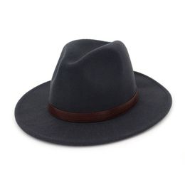 Panama Jazz Fedora Cap Women Men Wool Felt Pointy Wide Brim Derby Hat Coffee Leather Decoration Gambler Chapeau