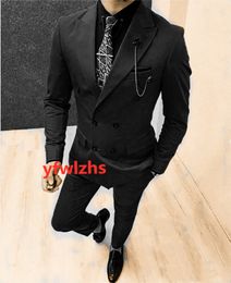 Handsome Double-Breasted Groomsmen Peak Lapel Groom Tuxedos Man's Suits Wedding/Prom/Dinner Best Man Blazer(Jacket+Pants+Tie) K214