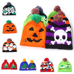 LED Luminous Caps Hats Warmer Beanie Kids Children Pom Ball Skull Hats Light Up Night Flash Cartoon Hats for Christmas Halloween B82104