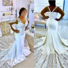 African Wedding Dresses Sexy Iullusion Beads Lace Applique Mermaid Bridal Dress Long Sleeves Sweep Train Custom Made Robe De Mariee