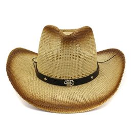 Women Brown Spray Paint Cowboy Straw Hat Belt Metal Scorpion Decor Ladies Wide Brim Sun Visor Cap Casual Beach Sunhat