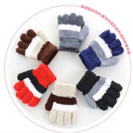 Winter new 5-10years old coral fleece knitted glove kids stripe magic full fingertip gloves student fingertip gloves warm finger gloves