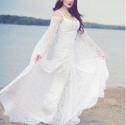 Vintage Medieval Victorian Mermaid Wedding Dresses Full Lace Bell Long Sleeve Gothic Bride Dress Lace-up Outdoor Fairy Country Boho Beach Bridal Gowns
