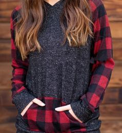 Winter Hoodies Pullover Plaid Patchwork Long Sleeve Sweatshirt Pocket Outwear O Neck Pullover Tops Casual Loose Thin Sweatshirt LSK1116