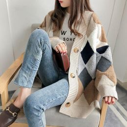 Women Sweaters Autumn Winter 2019 fashionable Casual Plaid V-Neck Cardigans Single Breasted Puff Sleeve Loose Sweater