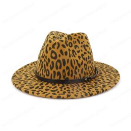 Fashion Unisex Flat Brim Wool Felt Jazz Fedora Hats Women Leopard Print Leather Band Decor Trilby Panama Formal Hats