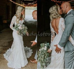 Sexy Backless Mermaid Wedding Dresses With Long Sleeve V Neck Lace Rustic Country Garden Wedding Gowns 2020 Elegant vestidos de novia Long