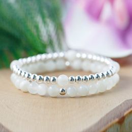 MG0938 6 mm White Moonstone and Silver Plated Beaded Bracelet Set Healing Crystals Birthstone Mala Bracelet Set