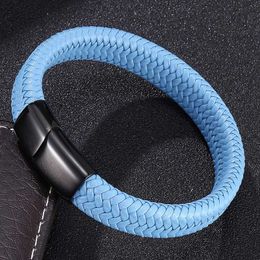 Fashion Jewelry Blue Leather Braided Rope Bracelet Men Stainless Steel Magnetic Clasp Punk Bracelets Bangles Male Wrist Band