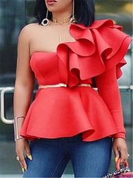 Women Blouse Tops Shirts One Shoulder Sexy Peplum Ruffles Slim Party Wear 2020 Summer New Fashion Elegant Ladies White Red Bluas