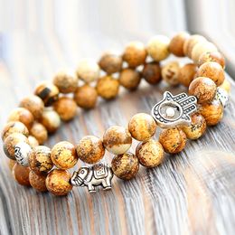 MG0745 8 mm Picture Jasper Energy Bracelet Set Hamsa Hand Wrist Mala Bracelet Lotus Flower Charm Yoga Bracelet Set