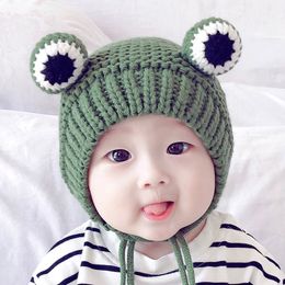 M267 New Autumn Winter Baby Kids Knitted Hat Cartoon Frog Beanies Boys Girls Children Knit Cap Earmuffs Warm Hats