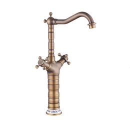 Antique Brass Faucet Hot&Cold Dual Handle Bathroom Basin Mixer Faucet Swivel Deck Mounted Basin Ceramic Taps ZR133