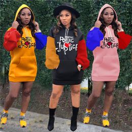 Women Embroidery Letters Hoodies Dresses Autumn Winter Puff Sleeve Hooded Blouse Dress Constrast Colour Sweatshirts One Piece Dress D9904