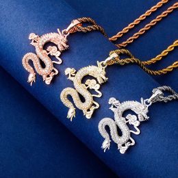 Iced Out Full Zircon Dragon Pendant Necklace with 24inch Rope Chain Gold Silver Plated Mens Women Hip Hop Jewellery Gift