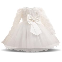 Langarm-weiße Kleider für Mädchen, Baby-Kleidung, 1. Geburtstag, Party, Kleinkind, Taufkleid, Kleinkind-Mädchen-Kleid